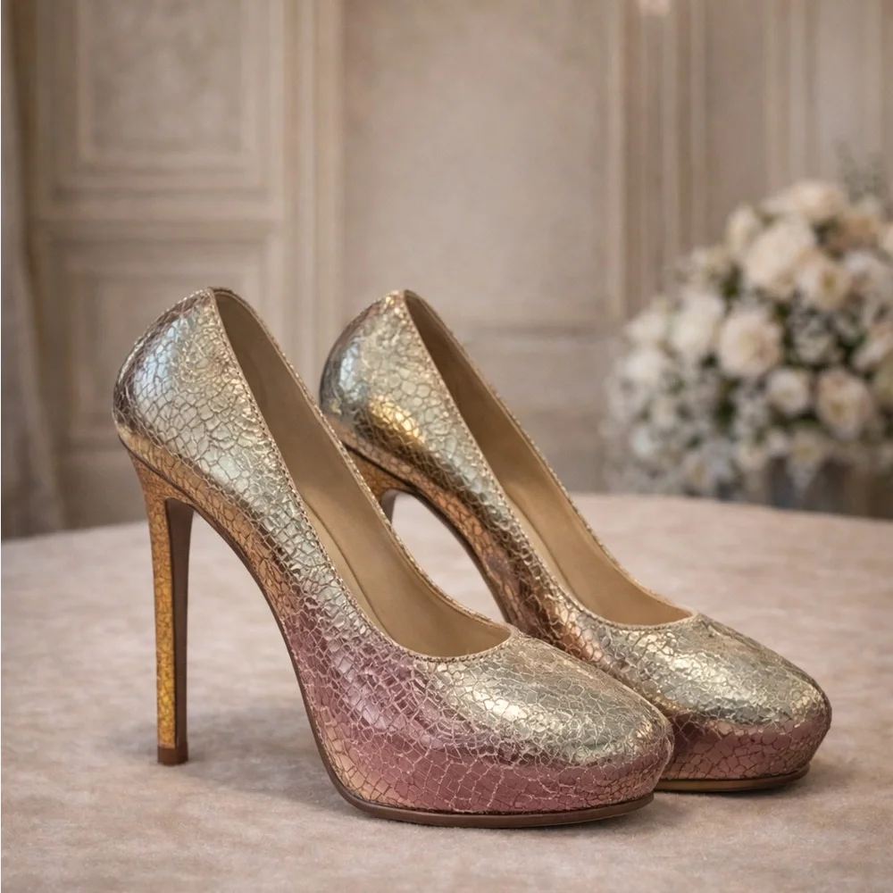 Saint Laurent YSL Gold‎ Metallic Cracked Leather Pointed Toe Pumps, 38/8
